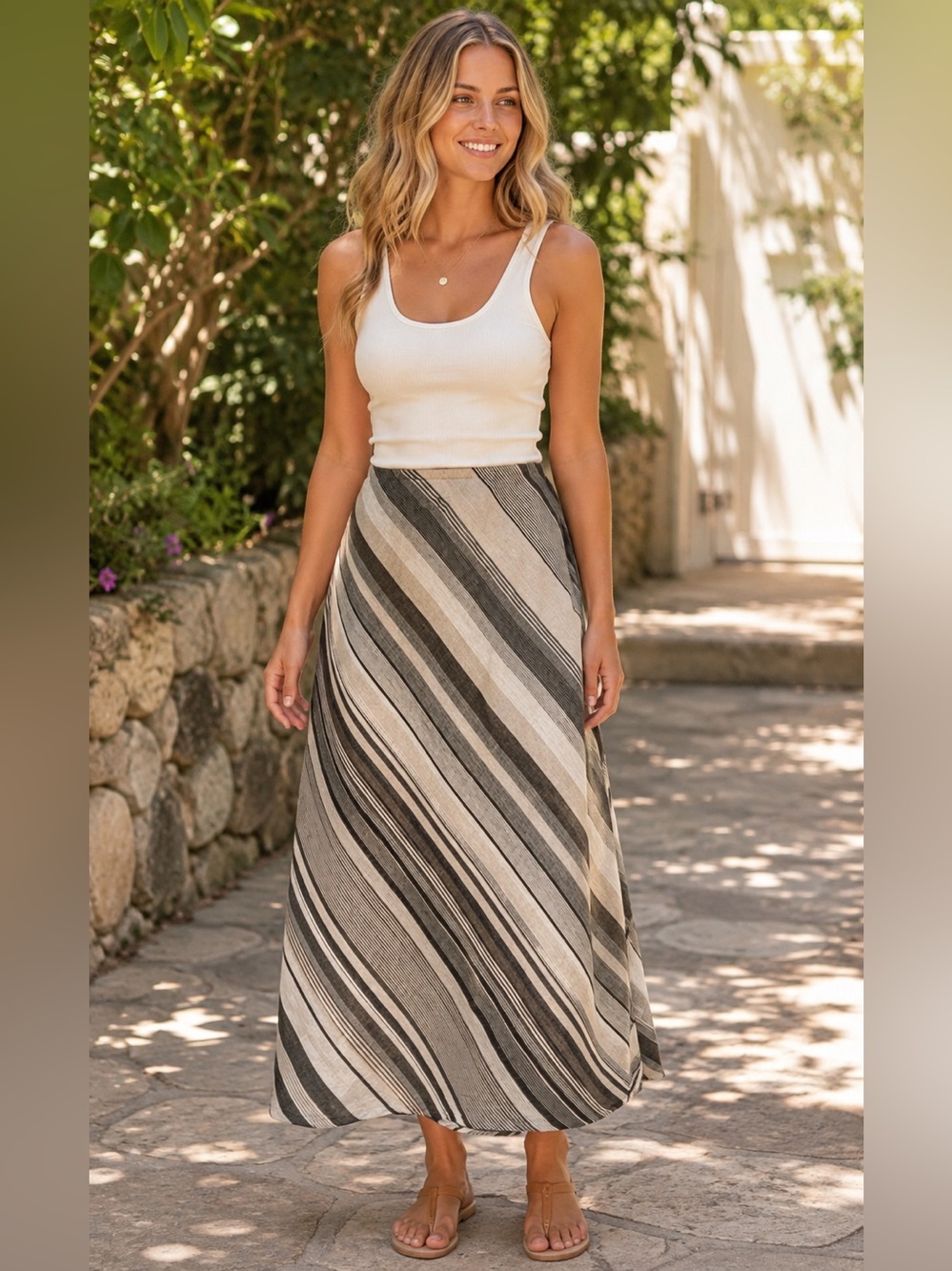 Flax Diagonal Striped Maxi Skirt in Black and Cream